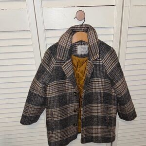Zara Kids Checkered Pea Coat - Gray and Tan